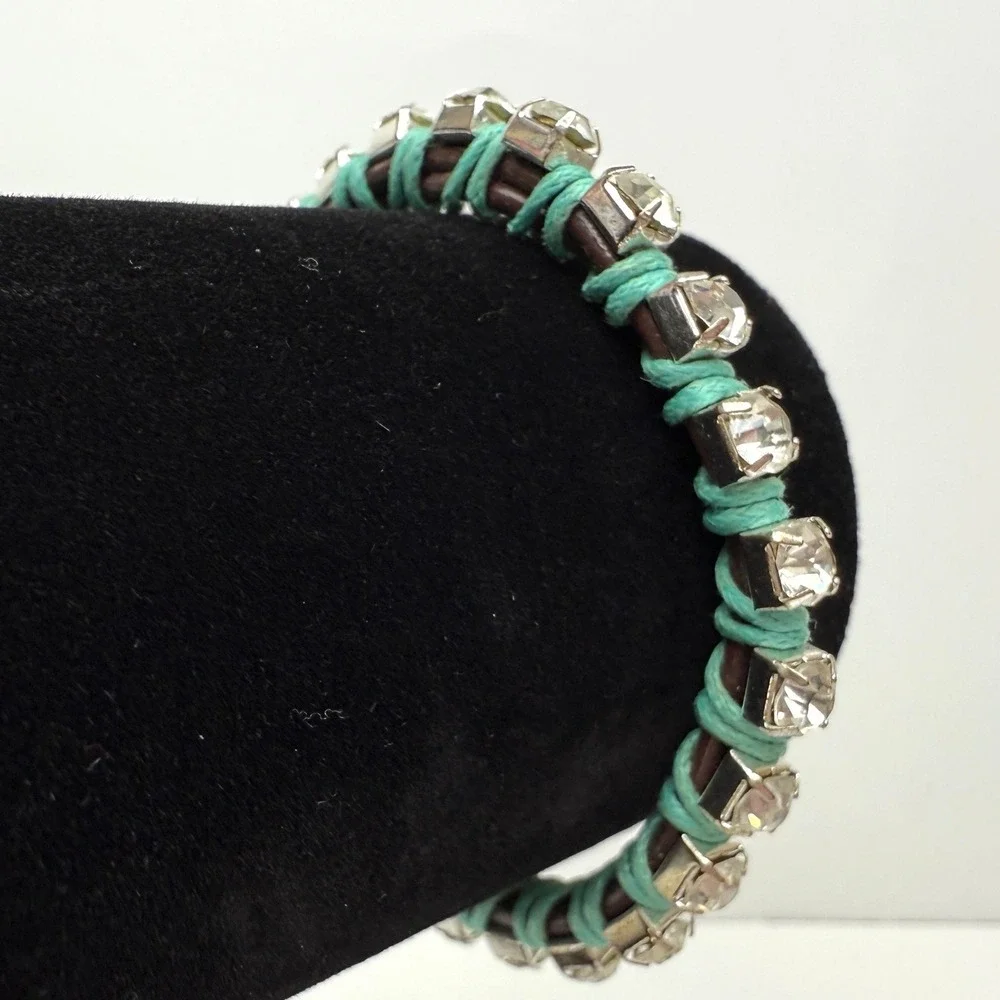 Crystal Rhinestone Bracelet Teal Wrap Button Closure Boho Chic Jewelry 6.5